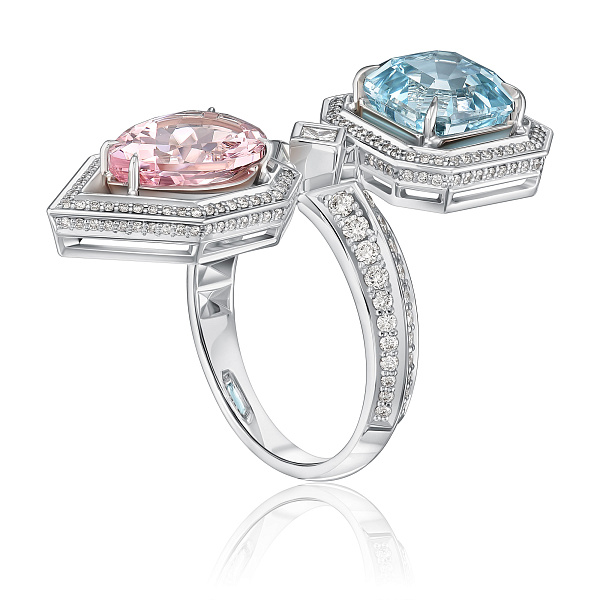 Кольцо из белого золота с бриллиантами, морганитом 2.67 ct и аквамарином 3.54 ct