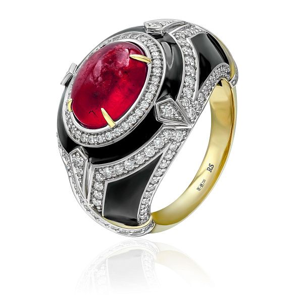 Кольцо из желтого золота с рубином 7.38 ct и бриллиантами