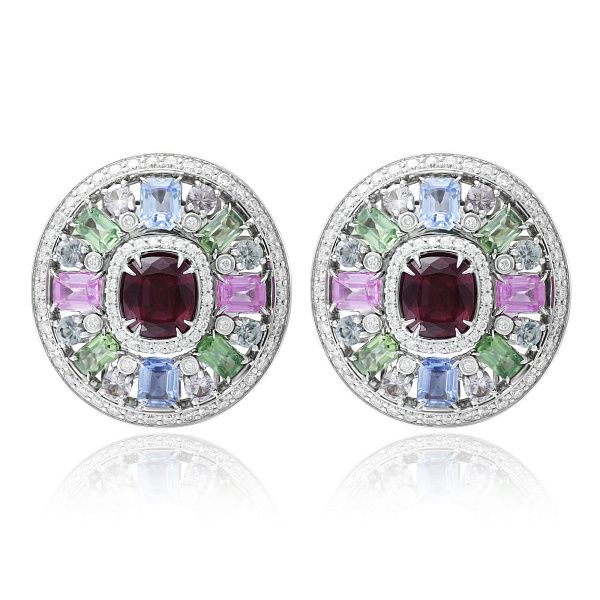 Серьги из белого золота с родолитами 4.7 ct, сапфирами, шпинелью и бриллиантами