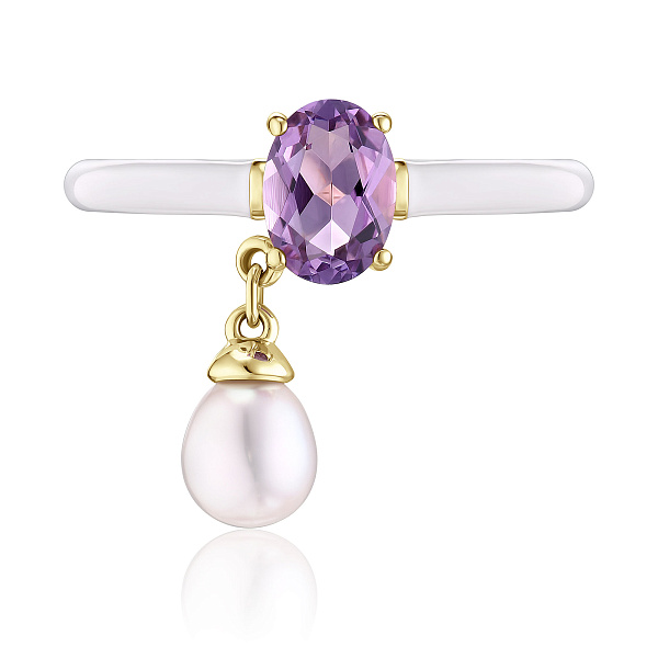 Кольцо из желтого золота с аметистом и жемчугом