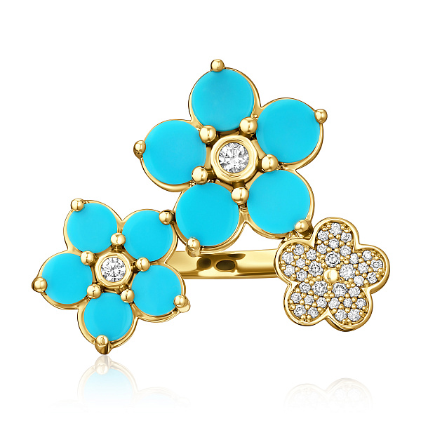 Кольцо из желтого золота с бирюзой и бриллиантами