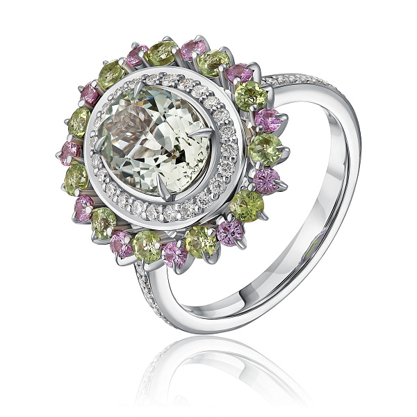 Кольцо из белого золота с аметистом 2.3 ct, бриллиантами, сапфирами и хризолитами