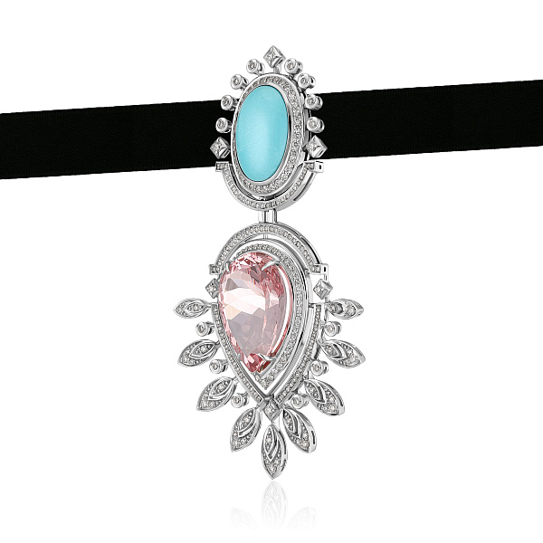 Подвеска из белого золота с бриллиантами, морганитом 10.89 ct и бирюзой