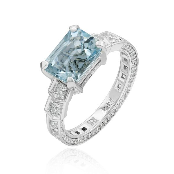 Кольцо из белого золота с бриллиантами и аквамарином 3.05 ct