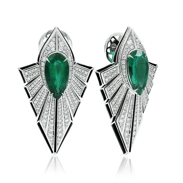 Пусеты из белого золота с изумрудами 9.57 ct и бриллиантами 