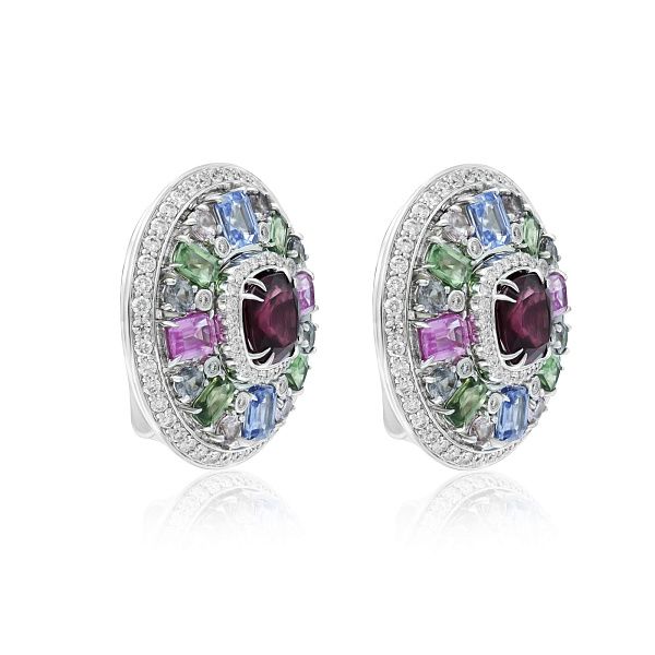 Серьги из белого золота с родолитами 4.7 ct, сапфирами, шпинелью и бриллиантами