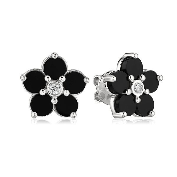 Пусеты из белого золота с ониксами и бриллиантами