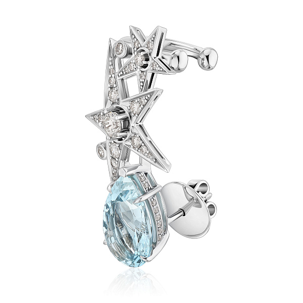 Серьга кафф из белого золота с бриллиантами и аквамарином 3.96 ct