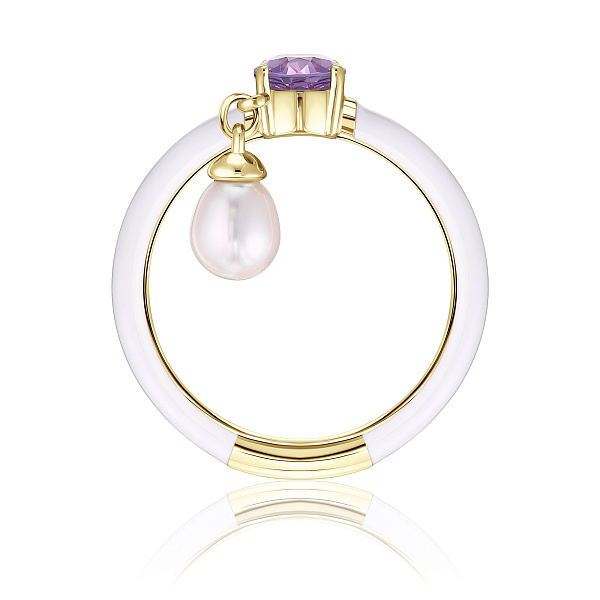 Кольцо из желтого золота с аметистом и жемчугом