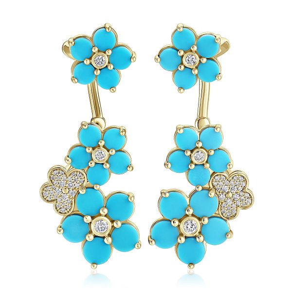 Пусеты из желтого золота с бирюзой и бриллиантами