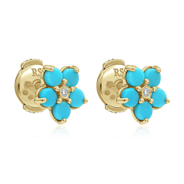 Пусеты из желтого золота с бирюзой и бриллиантами