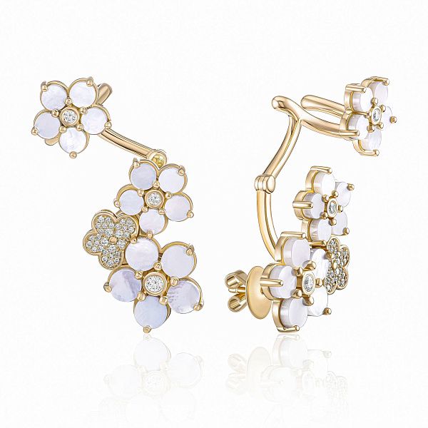 Серьги каффы из желтого золота с перламутром и бриллиантами