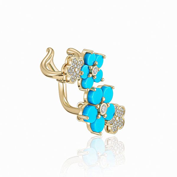 Серьга кафф из желтого золота с бирюзой и бриллиантами