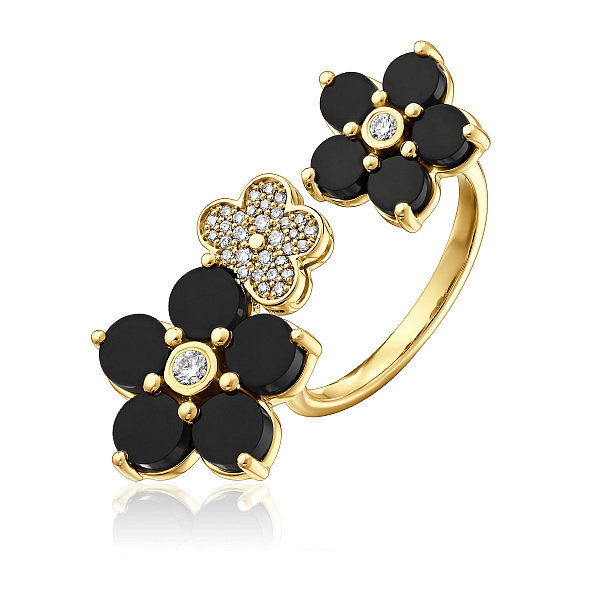 Кольцо из желтого золота с ониксом и бриллиантами