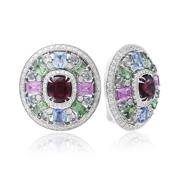 Серьги из белого золота с родолитами 4.7 ct, сапфирами, шпинелью и бриллиантами