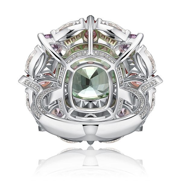 Кольцо из белого золота с бриллиантами, турмалином 7.55 ct и аметистами