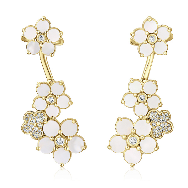 Серьги каффы из желтого золота с перламутром и бриллиантами