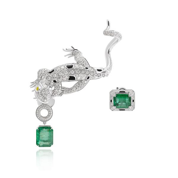 Серьги из белого золота с сапфирами, изумрудами 9.08 ct и бриллиантами