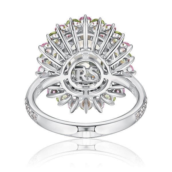 Кольцо из белого золота с аметистом 2.3 ct, бриллиантами, сапфирами и хризолитами