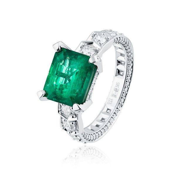 Кольцо из белого золота с изумрудом 3.18 ct и бриллиантами