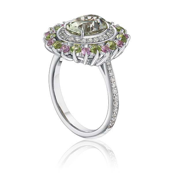 Кольцо из белого золота с аметистом 2.3 ct, бриллиантами, сапфирами и хризолитами