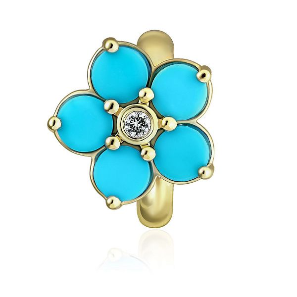 Серьга кафф из желтого золота с бриллиантом и бирюзой