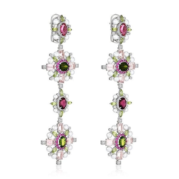 Серьги из белого золота с турмалинами 11.34 ct, бриллиантами, хризолитами, морганитами, сапфирами и жемчугом