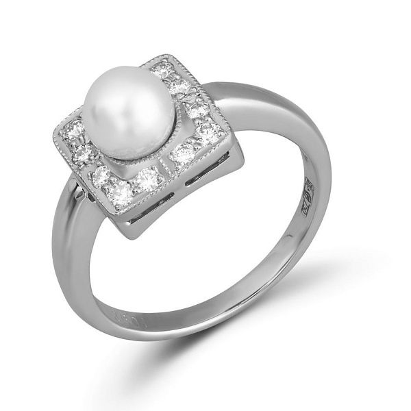 Кольцо из белого золота с бриллиантами и жемчугом