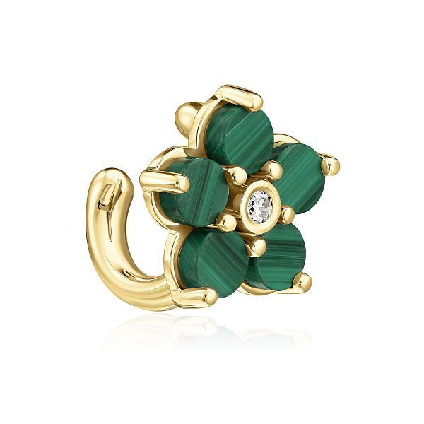 Серьга кафф из желтого золота с малахитом и бриллиантом