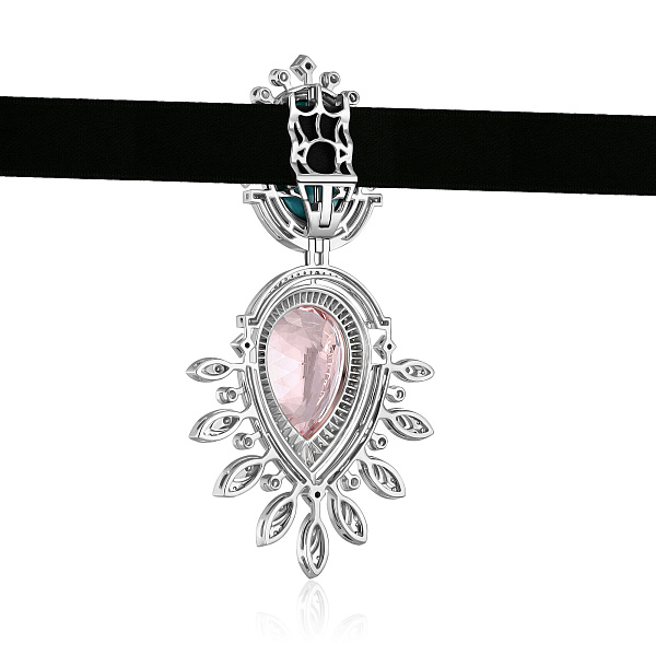 Подвеска из белого золота с бриллиантами, морганитом 10.89 ct и бирюзой