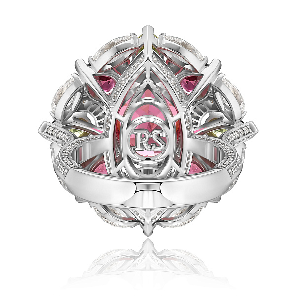 Кольцо из белого золота с турмалином 5.85 ct, бриллиантами и хризолитами