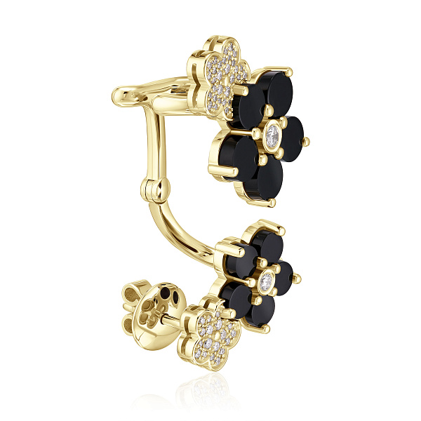Серьга кафф из желтого золота с ониксом и бриллиантами