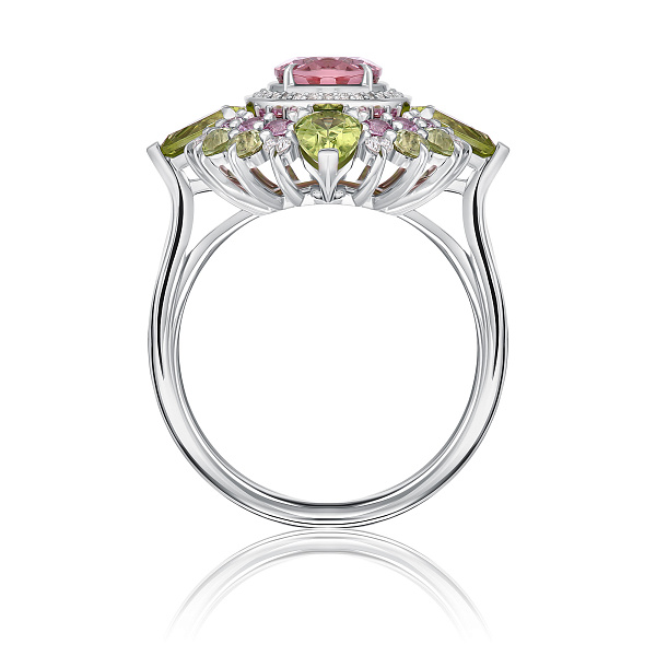 Кольцо из белого золота с хризолитами, турмалином 1.69 ct, бриллиантами и сапфирами