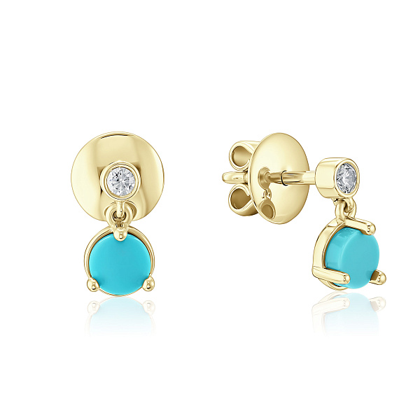 Пусеты из желтого золота с бирюзой и бриллиантами