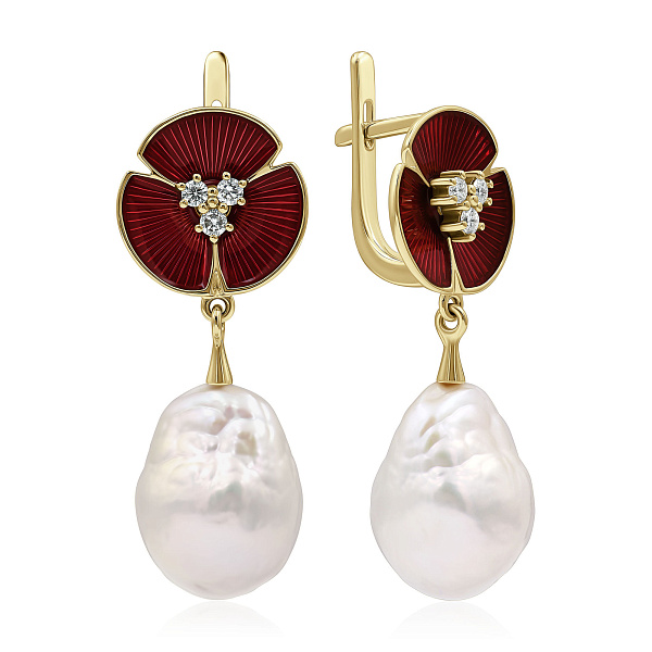 Серьги из желтого золота с жемчугом и бриллиантами